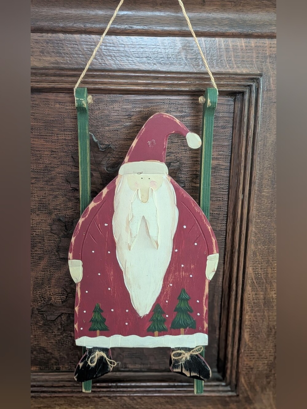 Vintage Handcrafted Wooden Red Santa Hanging Holiday Decoration